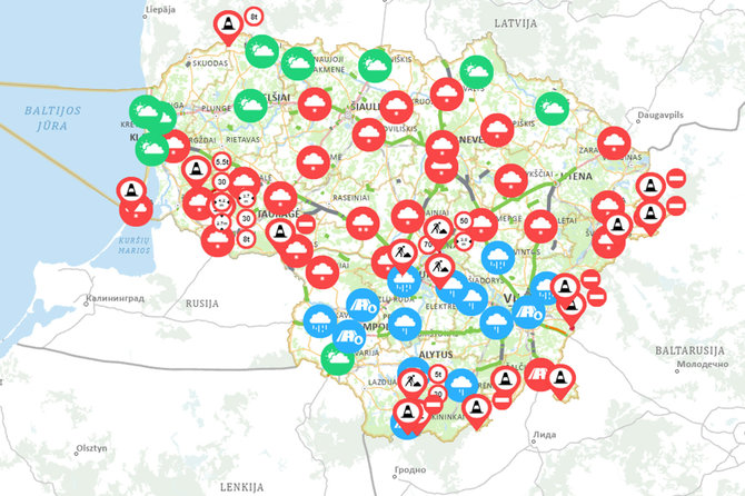 Ekrano nuotr./Eismo sąlygų Lietuvoje žemėlapis