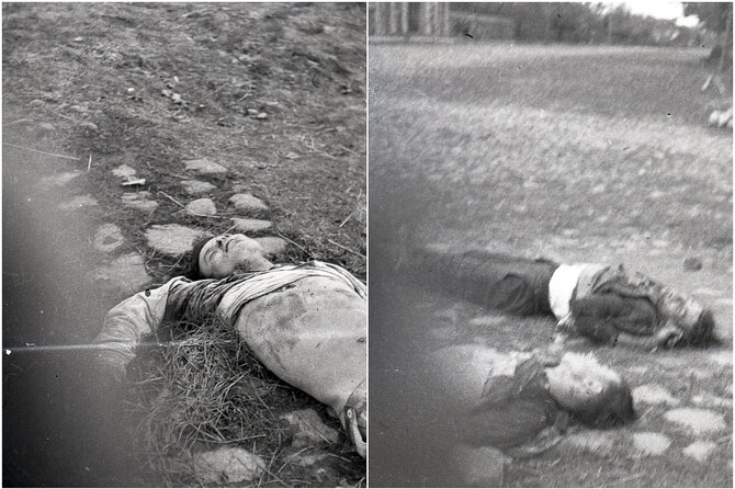 Okupacijų ir laisvės kovų muziejaus fondų nuotr./Slapta nufotografuoti žuvusių partizanų kūnai, numesti ant Ramygalos grindinio