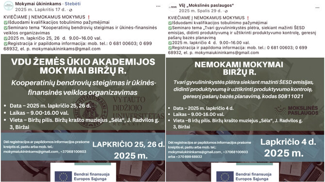 VDU Žemės ūkio akademijos (kairėje) ir „Mokslinių paslaugų“ (dešinėje) mokymų skelbimai internete