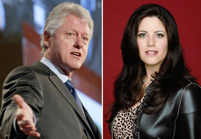 „Scanpix“/AP nuotr./Buvęs JAV prezidentas Billas Clintonas ir stažuotoja Monica Lewinsky romanas sukėlė skandalą dėl kurio prezidentui buvo surengta apkalta