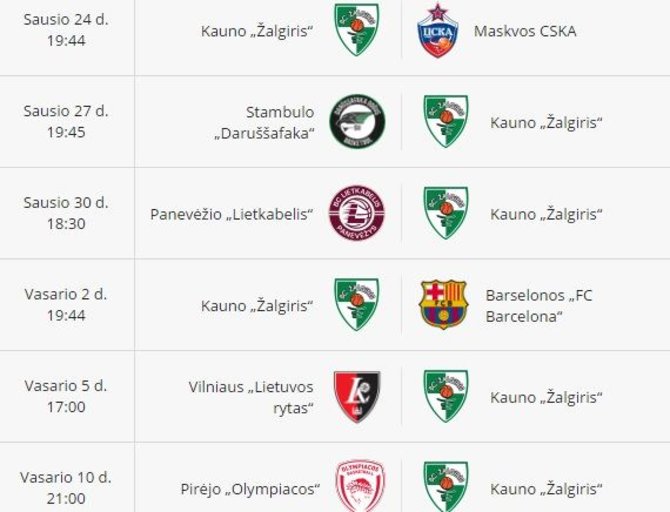 zalgiris.lt/Artimiausių „Žalgirio“ rungtynių tvarkaraštis