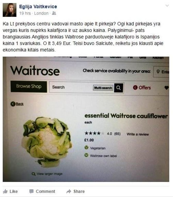 Facebook.com/E.Vaitkevičė pasipiktino daržovių kainomis Lietuvoje.