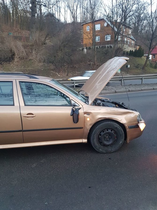 Kauno apskrities policijos nuotr./Tunelio gatvėje „Renault“ rėžėsi į stulpą: apgadinta ir „Škoda“