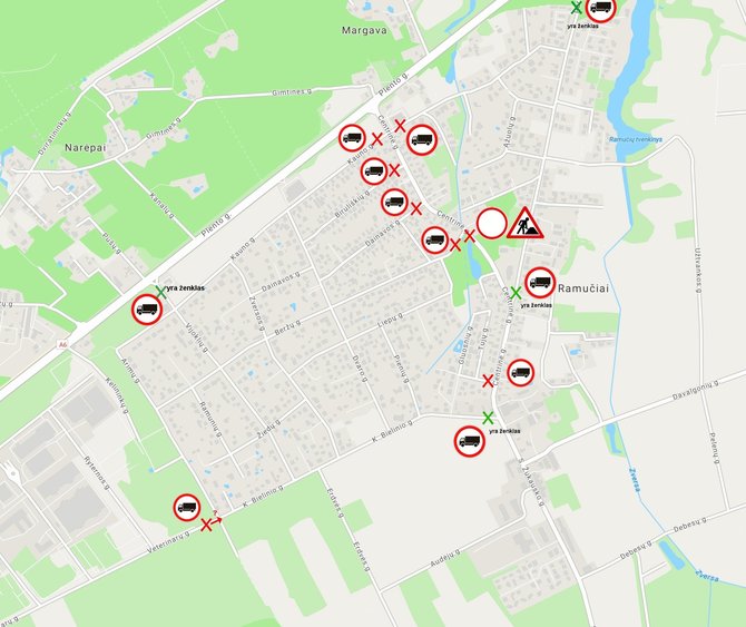 Kauno rajono savivaldybės nuotr./Vietos, kur pastatyti ribojantys eismą kelio ženklai Ramučiuose