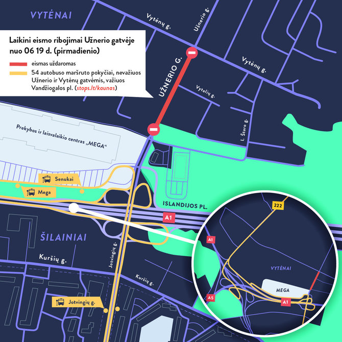 Kauno miesto savivaldybės nuotr./Laikinų eismo ribojimų Užnerio gatvėje schema