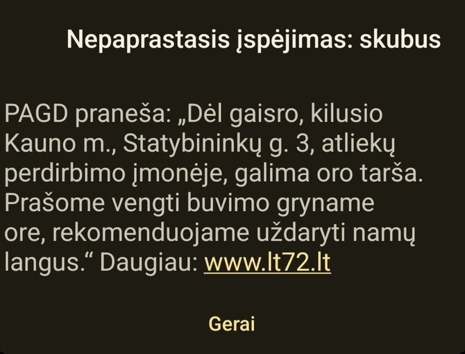 Karolinos Stažytės nuotr. /Dėl gaisro „Kauno švaroje“ išsiųsta perspėjanti žinutė