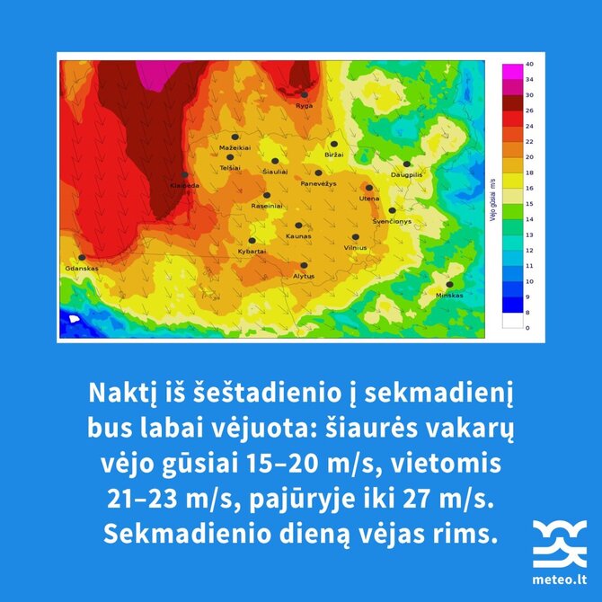 Lietuvos hidrometeoroligijos tarnybos nuotr./Naktį iš šeštadienio į sekmadienį Lietuvoje bus labai vėjuota