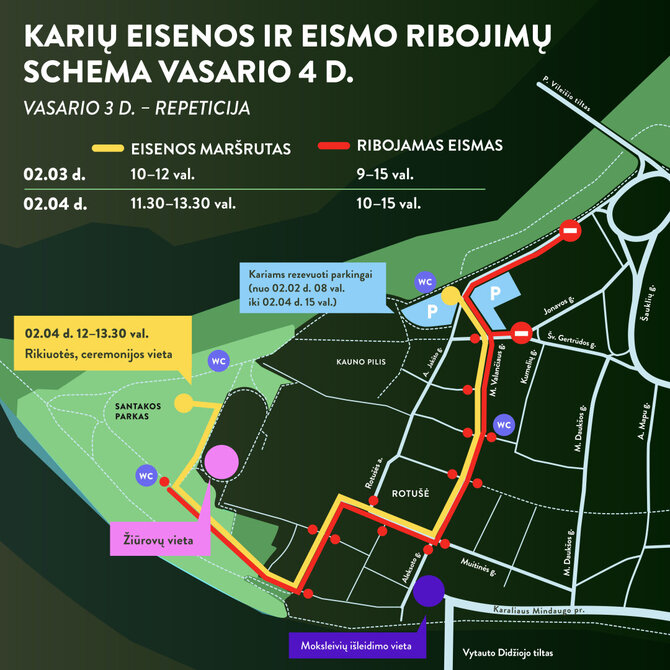 Kauno miesto savivaldybės nuotr./Iškilmingos karių eisenos maršruto bei eismo ribojimų žemėlapis