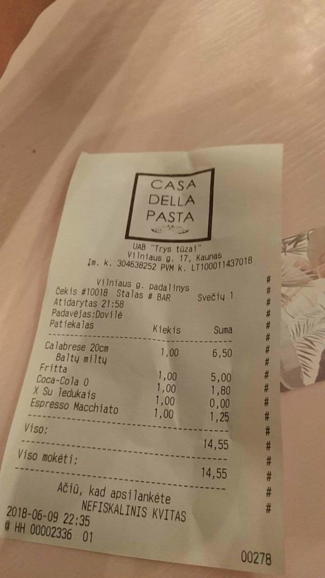 Skaitytojų nuotr./„Casa della pasta“ restorane išduotas kvitas