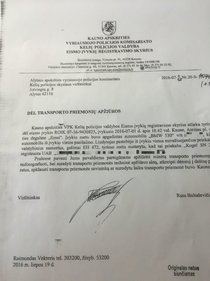 15min skaitytojo nuotr./Įmonės vadovui įteiktas policijos raštas dėl vilkiko apžiūros
