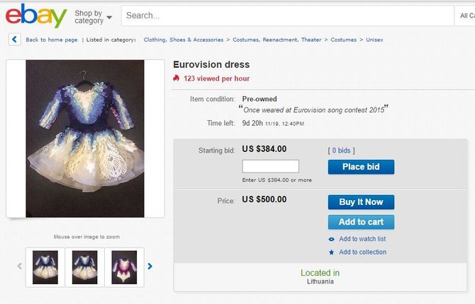 ebay nuotr./Monikos Linkytės eurovizinės suknelės skelbimas