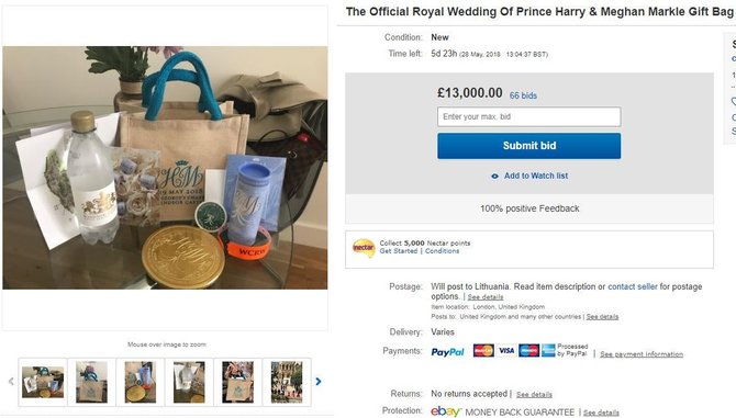 eBay nuotr./Meghan Markle ir princo Harry vestuvių dovanų krepšelis