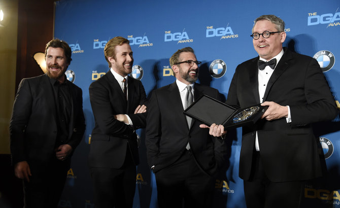 „Scanpix“/AP nuotr./Christianas Bale'as, Ryanas Goslingas, Steve'as Carellas ir Adamas McKay