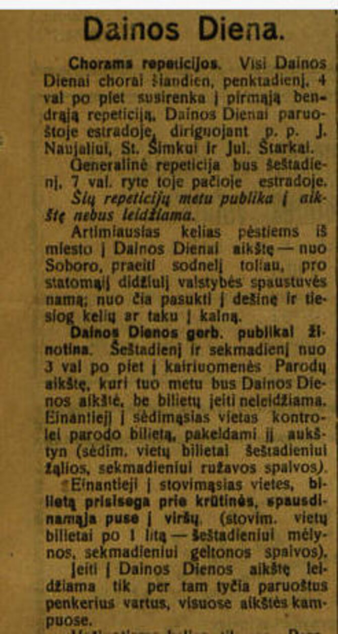 epaveldas.lt nuotr./Straipsnis apie Dainos dieną 1924 m. laikraštyje