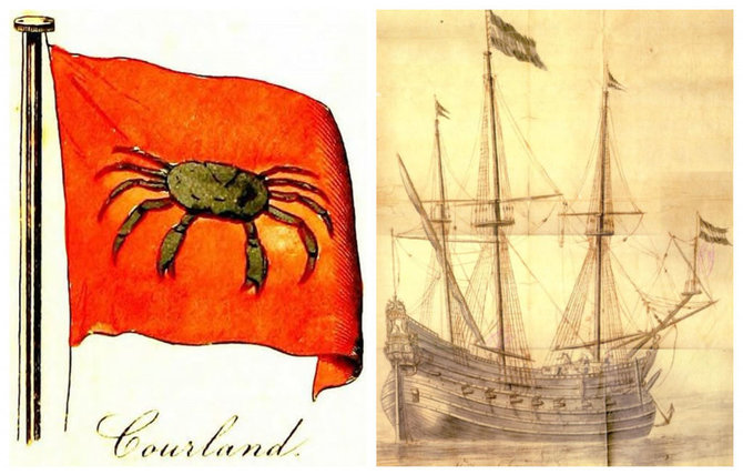 Praeitiespaslaptys.lt nuotr. /Kairėje - Kuršo laivyno vėliava. Dešinėje - laivas su Kuršo hercogystės vėliava