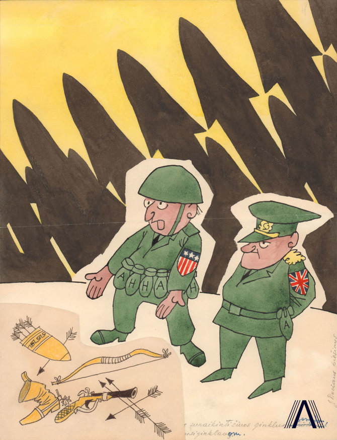 karikatūra iš www.archivesofculture.com/Jono Dociaus 1964 m. sukurta karikatūra „Sunaikinę šiuos ginklus, atrodo, išspręsime nusiginklavimo problemą“