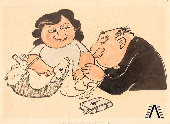karikatūra iš www.archivesofculture.com/Juozo Kasčiūno 1963 m. sukurta antireliginė karikatūra „Sveika, Marija, malonės pilnoji"
