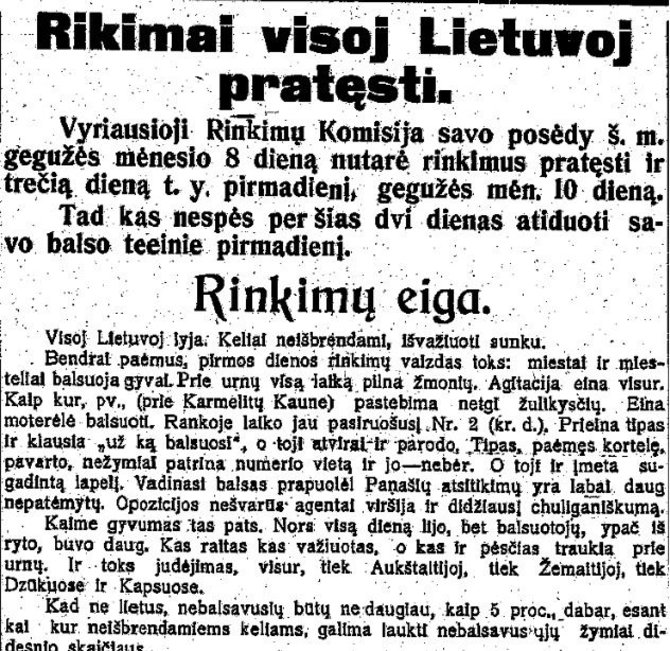 epaveldas.lt nuotr. /Pranešimas apie pratęstus rinkimus laikraštyje „Rytas“, 1926 m. gegužė