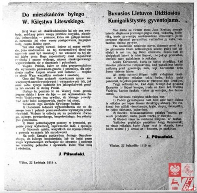 J.Pilsudskio kreipimasis į buvusios LDK gyventojus lenkų ir lietuvių kalbomis, 1919 m.