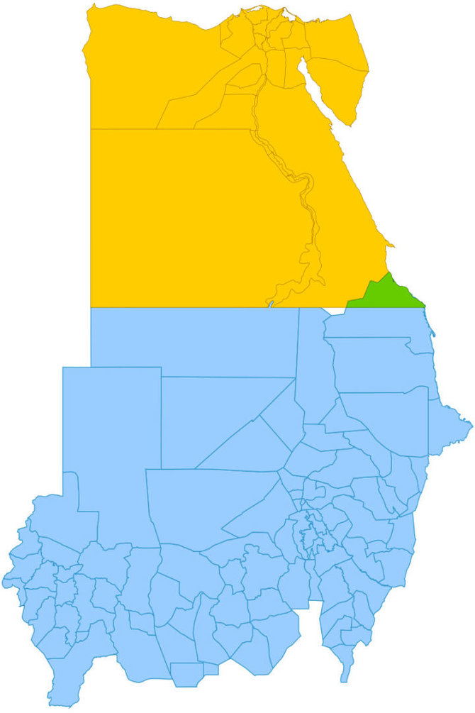 Wikimedia Commons pav./Afrikos žemėlapis: Egiptas pažymėtas geltonai, Sudanas – mėlynai, Halaibo trikampis – žaliai, Bir Tavilas – baltai