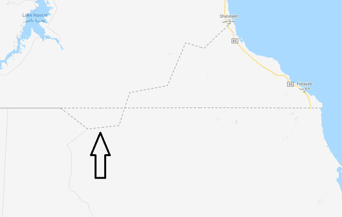 Bir Tavilas Google Maps žemėlapyje, pažymėtas juoda rodykle; į šiaurės rytus nuo jo yra Halaibo trikampis