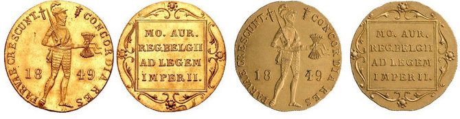Praeitiespaslaptys.lt nuotr. /Kairėje olandiškas dukatas, o dešinėje rusiškas. Monetos skyrėsi tik mikrodetalėmis.