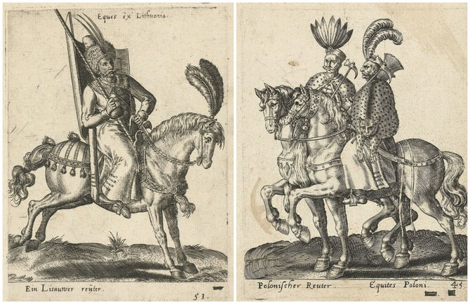 Amsterdamo valstybinio muziejaus nuotr./Ankstyvieji Lietuvos ir Lenkijos husarai 1577 m. leidinyje