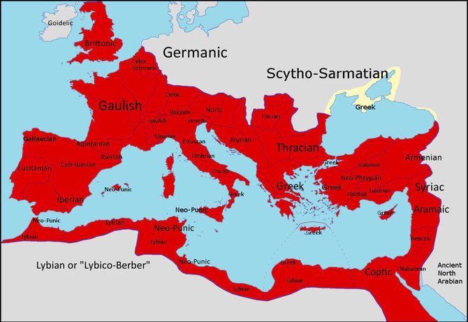 Wikipedia vartotojo Javier1212 pav., CC BY-SA 4.0/Regioninės Romos imperijos kalbos, vartotos maždaug 150 m. po. Kr.