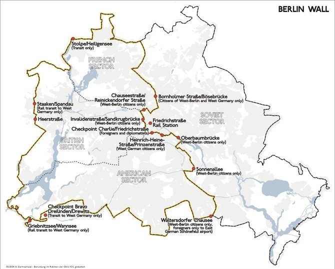 Wikimedia Commons nuotr. / CC BY-SA 3.0/Berlyno siena ir jos kirtimo taškai 1989 m.
