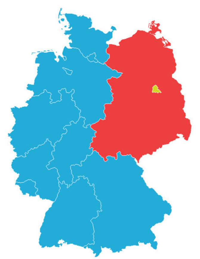 Wikimedia Commons nuotr. / CC BY-SA 3.0/Vakarų ir Rytų Vokietijos 1961 m. (Vakarų Vokietija - mėlyna, Rytų Vokietija - raudona, Vakarų Berlynas - geltonas)
