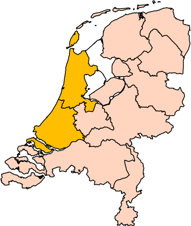Wikimedia Commons pav./Nyderlandų žemėlapis. Šiaurės ir Pietų Olandija pažymėtos geltonai