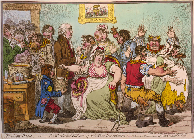 1802 m. karikatūra, pašiepianti skiepijimą nuo raupų