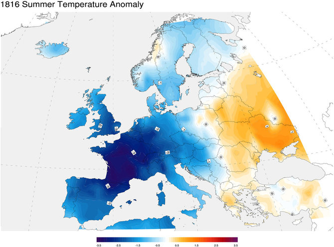 Wikipedia Commons nuotr. // CC BY-SA 3.0/Temperatūrų skirtumai 1816 m. vasarą, lyginant su vidutine daugiamete temperatūra