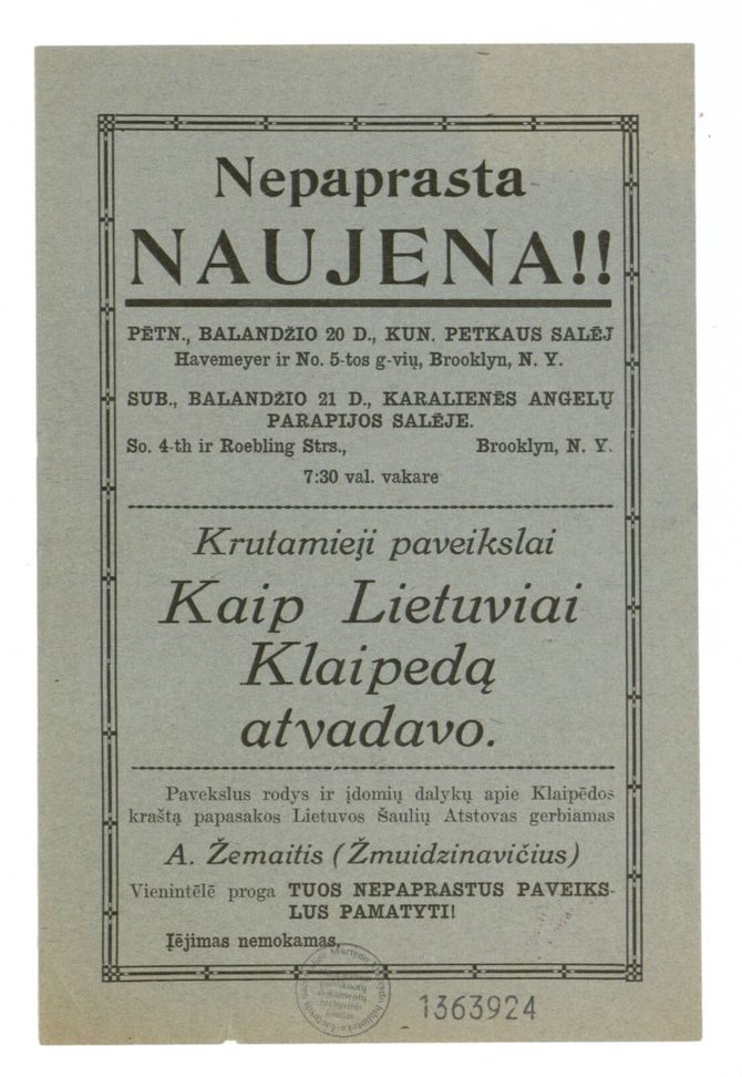 epaveldas.lt nuotr. /1923 m. JAV lietuvių plakatas, reklamuojantis Klaipėdos krašto atgavimui skirtą renginį