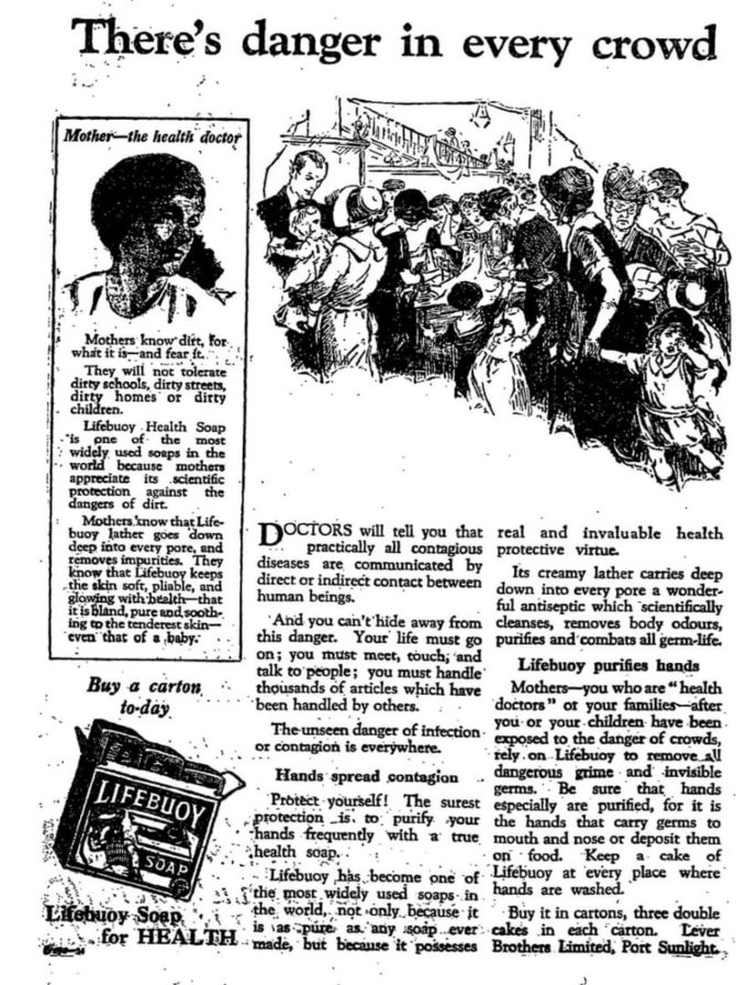 Muilo reklama laikraštyje „Mančesterio globėjas“, 1924. Nepaisant infekcijos ir užkrėtimo pavojaus „Tavo gyvenimas turi tęstis; turite susitikti, liesti ir kalbėtis su žmonėmis... ", - sakoma skelbime. 