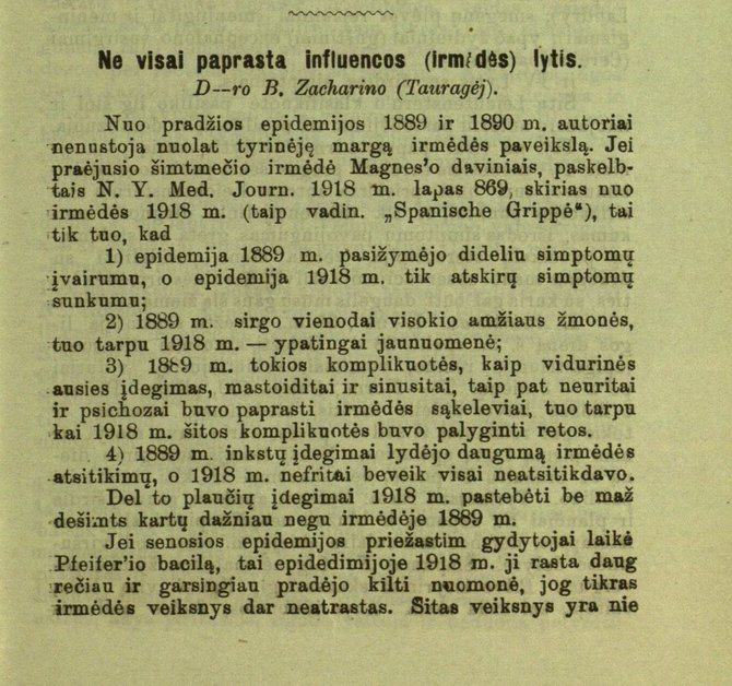 Benjaminas Zacharinas. Ne visai paprasta influencos (irmėdės) lytis. Medicina, 1920, nr. 8, p. 243.