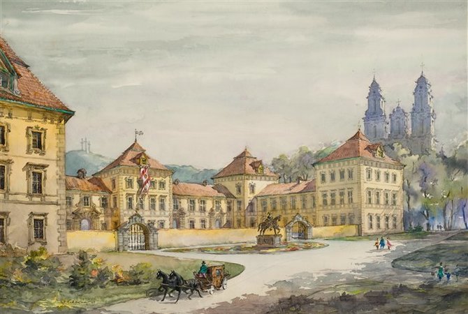 Vytauto Gabriūno paveikslas / Lietuvos dailės muziejus/Taip Radvilų rūmai turėjo atrodyti XVIII a.; išlikusi jų dalis matyti paveikslo kairėje