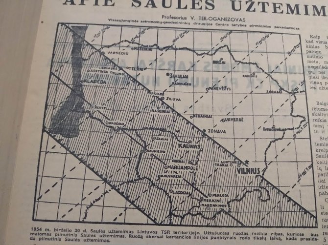 Laikraščio „Tiesa“ iliustracija/Kur buvo matomas 1954 m. Saulės užtemimas Lietuvoje
