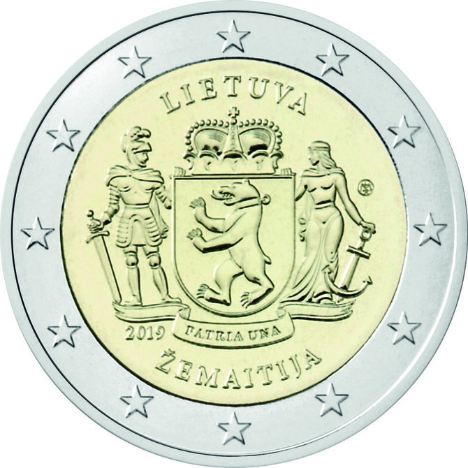 Pinigų muziejaus nuotr./2 eurų proginė moneta, skirta Žemaitijai. Aversas
