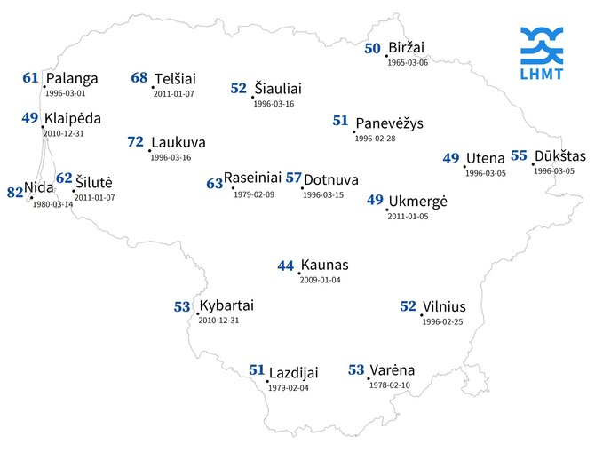Lietuvos hidrometeorologijos tarnybos informacija/Didžiausios sniego dangos nuo 1961 m. įvairiose Lietuvos vietose žemėlapis