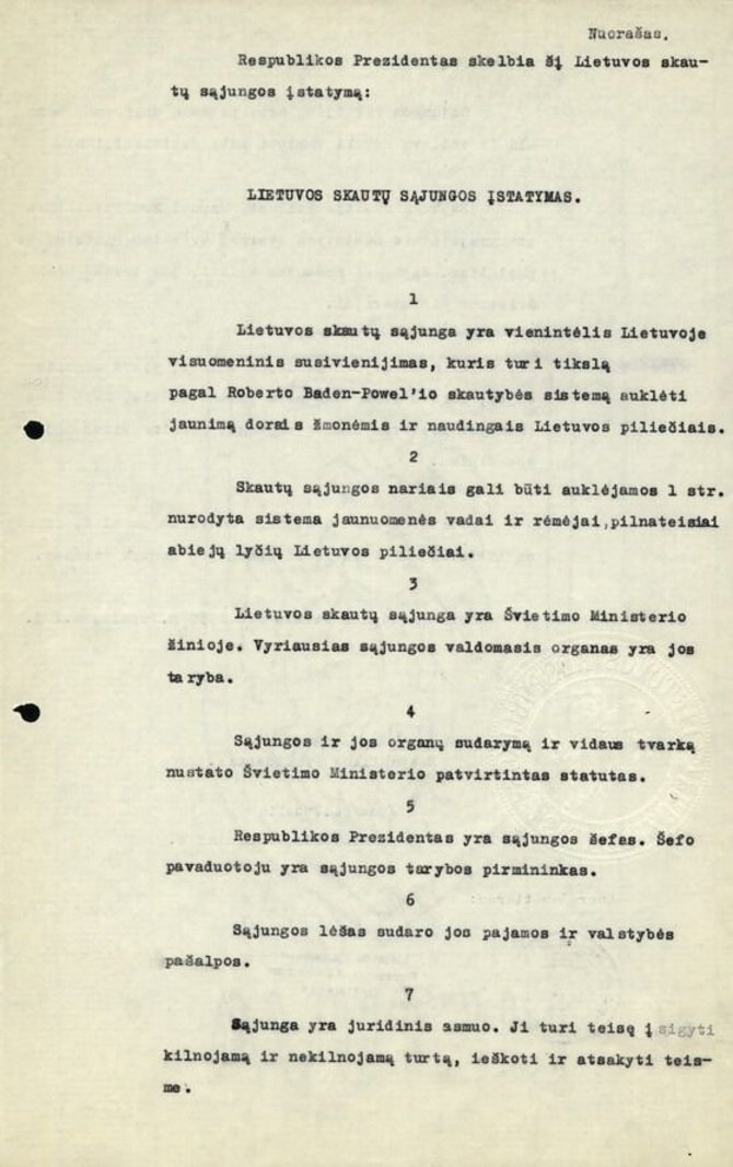 LCVA. F. 923, ap.1, b. 655, l. 197–197 v./Lietuvos skautų sąjungos įstatymas, 1930 m.