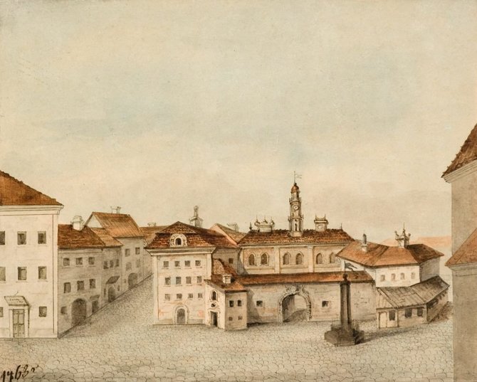 Marcelio Januškevičiaus akvarelė. Lietuvos nacionalinis dailės muziejus./Vilniaus rotušė 1763 m.
