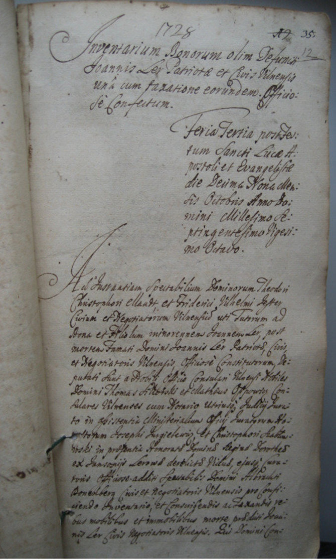 Lietuvos valstybės istorijos archyvas, f. SA, b. 5126, l. 35./Vilniaus miestiečio pirklio Jono Lero pomirtinis turto inventorius, 1728. 