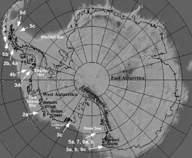Antarktidos žemėlapis. Bakučio krantą galima išvysti apačioje kairėje