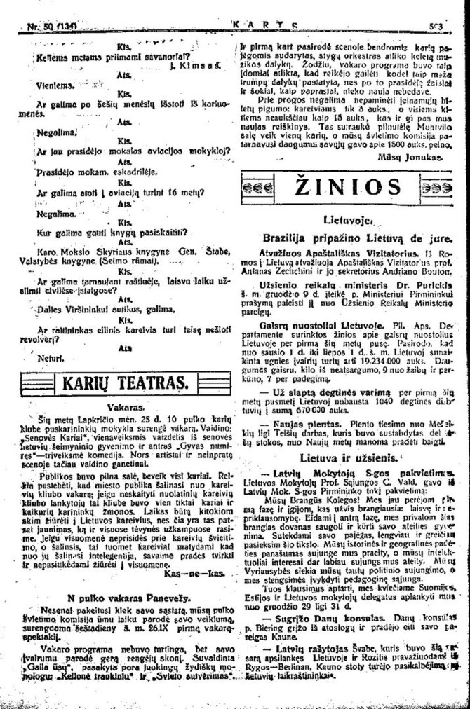 Žinios Lietuvoje. Karys. 1921 m. gruodžio 15 d. p. 593