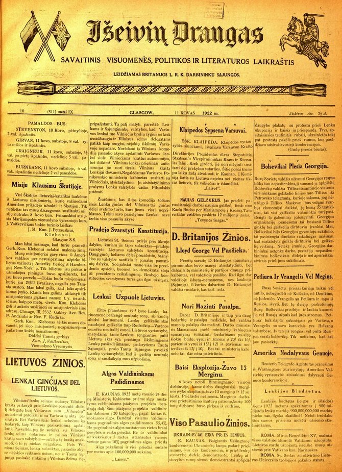 epaveldas.lt nuotr. /1922 m. kovo 11 d. „Išeivių draugo“ numeris, kuriame rašyta apie Petliūrą