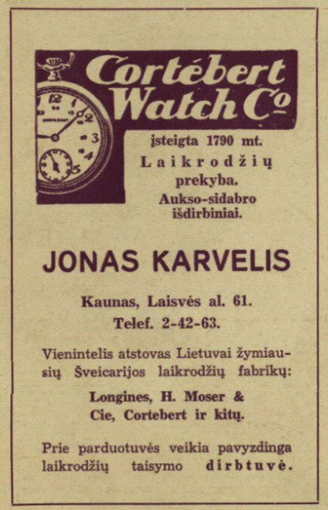 Žurnalas „Moteris ir pasaulis“ / epaveldas.lt nuotr. /Laikrodžių parduotuvės reklama iš žurnalo „Moteris ir pasaulis“ 1937 m. 9 nr. 
