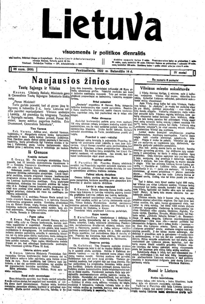 Vilniaus miesto sukaktuvės. „Lietuva“. 1922 m. balandžio 14 d., p. 1.