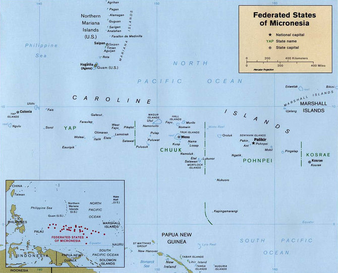 Wikimedia Commons / Public Domain pav./Mikronezijos žemėlapis. Čiukas yra valstija valstybės viduryje