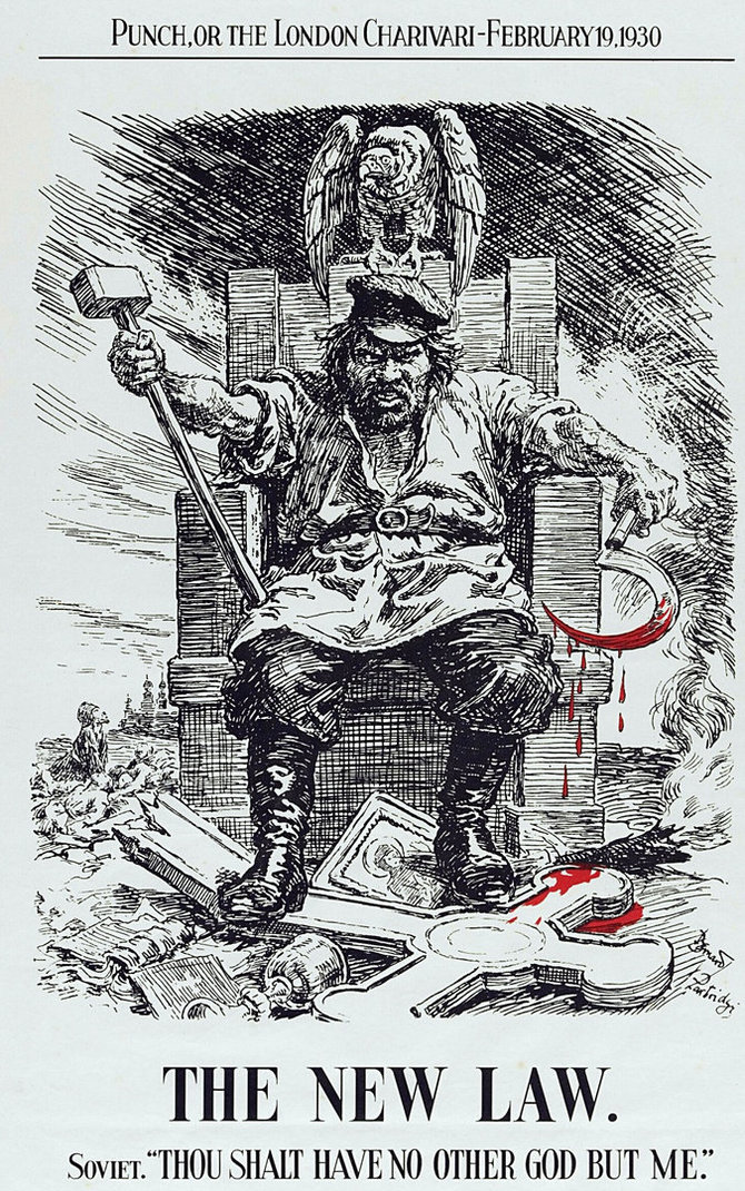 Bernardo Patridge‘o karikatūra iš Didžiosios Britanijos satyrinio leidinio „Punch“, pašiepianti bolševikus. 1930 02 19